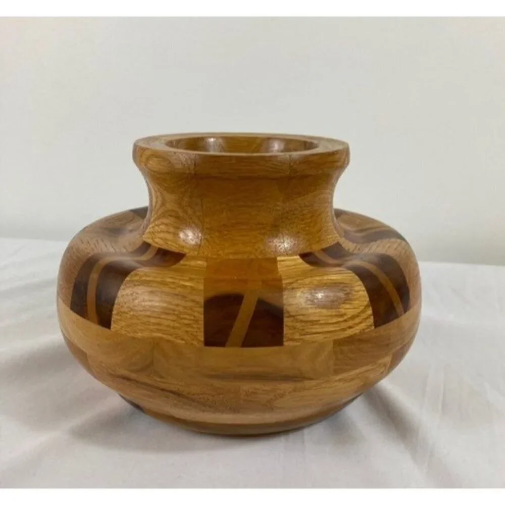 Vintage Mid Century Handcrafted Segmented Turned Wood Vase 6 x 9